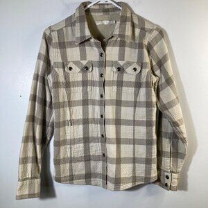 Womens Prana Bridget Plaid Thermal Shacket‎ Tan Cream XS Pockets Snap Front